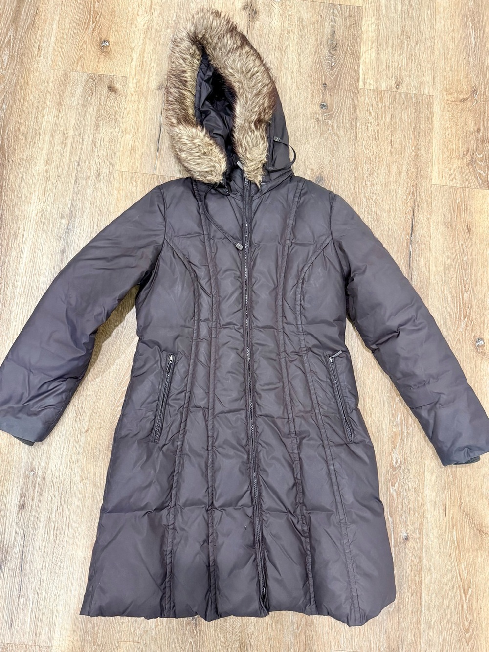 Anne Klein Long Brown Hooded Puffer Coat with Faux Fur Trim